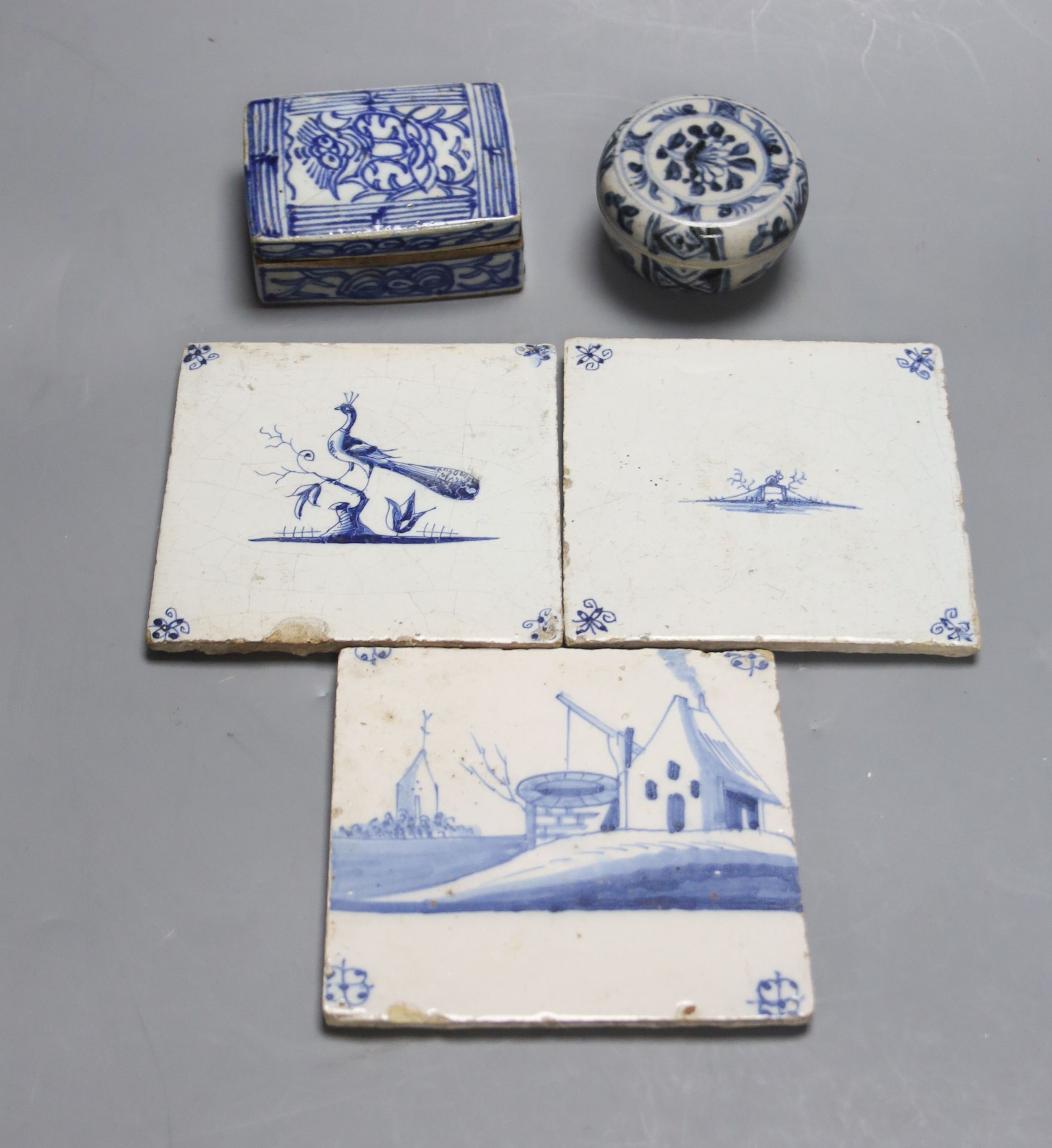 Two 18th century Dutch Delft blue and white tiles, two Chinese porcelain boxes and covers and sundry items